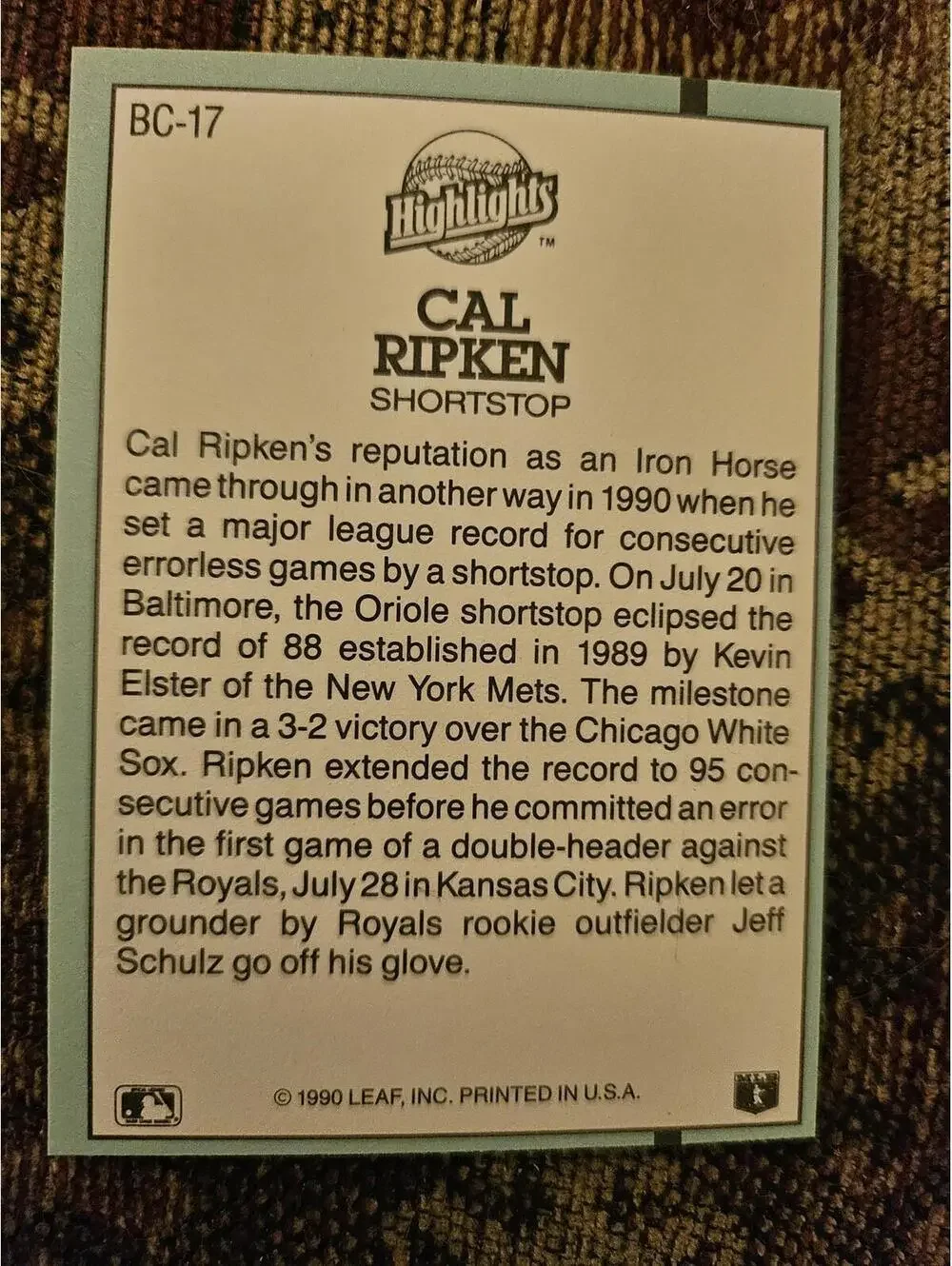 Cal Ripken Jr - HOF - 1991 Donruss Highlights Insert  #BC-17 MLB Baseball Card